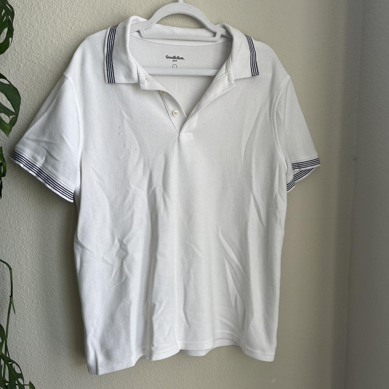 Goodfellow & Co polo shirt White with Navy line... - Depop