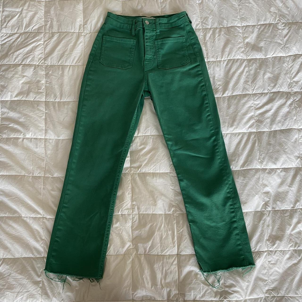 Size 2 Zara jeans in green with frayed ends and... Depop