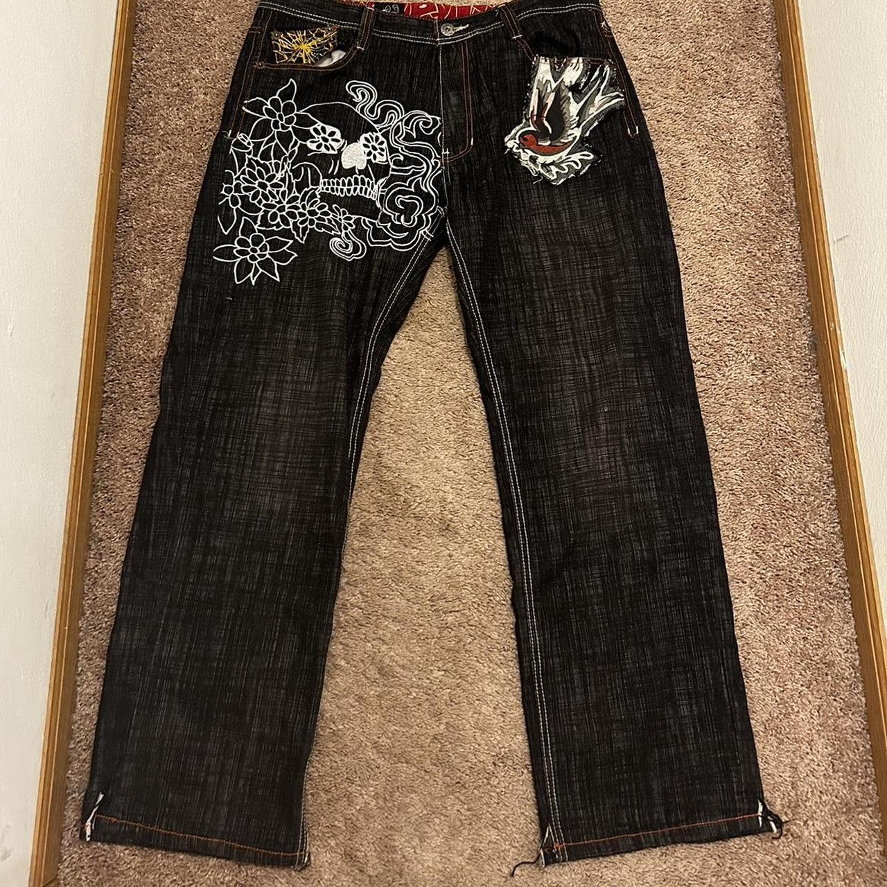 affliction like delf pants with skull and other... - Depop