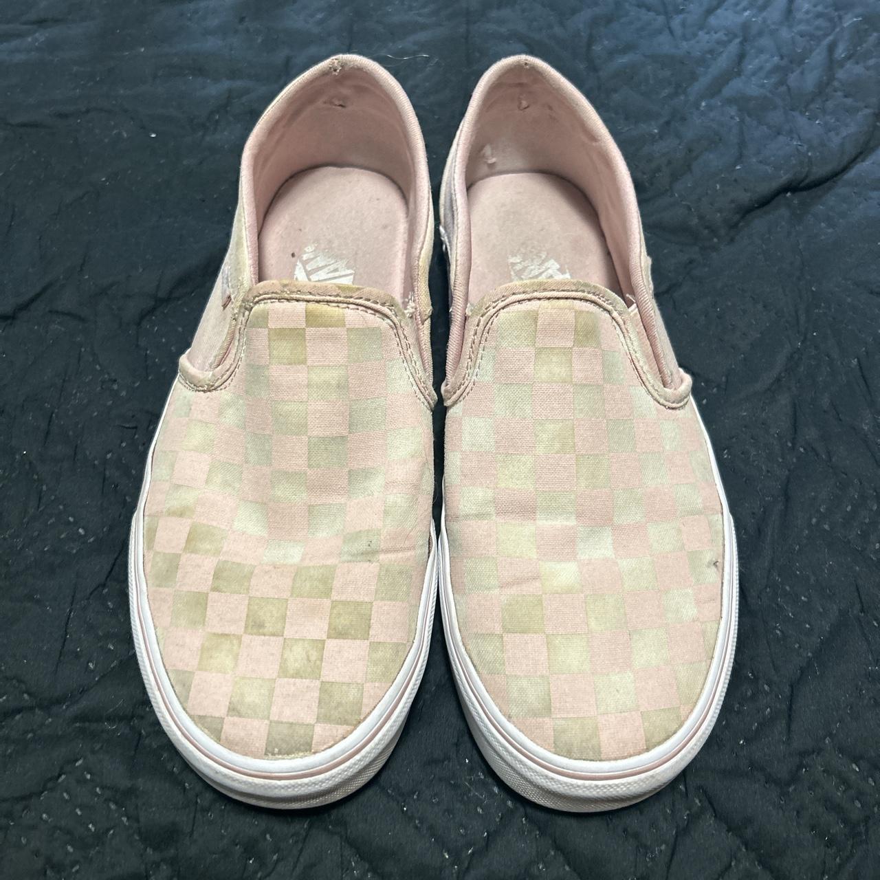 pink and white checkered slip on vans size 8.5 in... - Depop