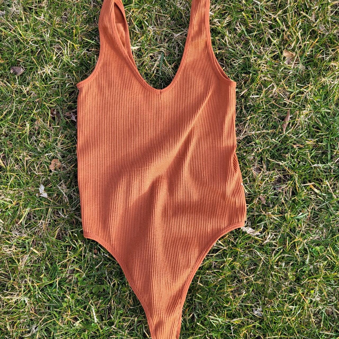 Rust Orange Bodysuit - Ribbed Bodysuit - V-Neck Bodysuit - Lulus