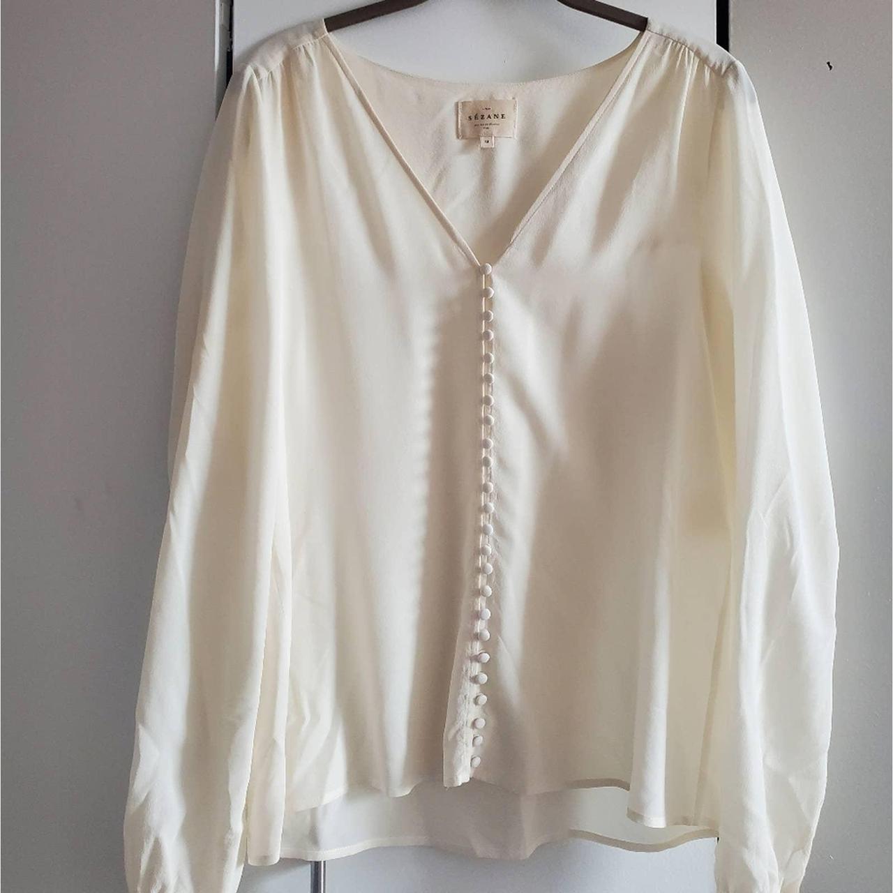 Sezane Heloise v-neck button front 100% silk blouse... - Depop