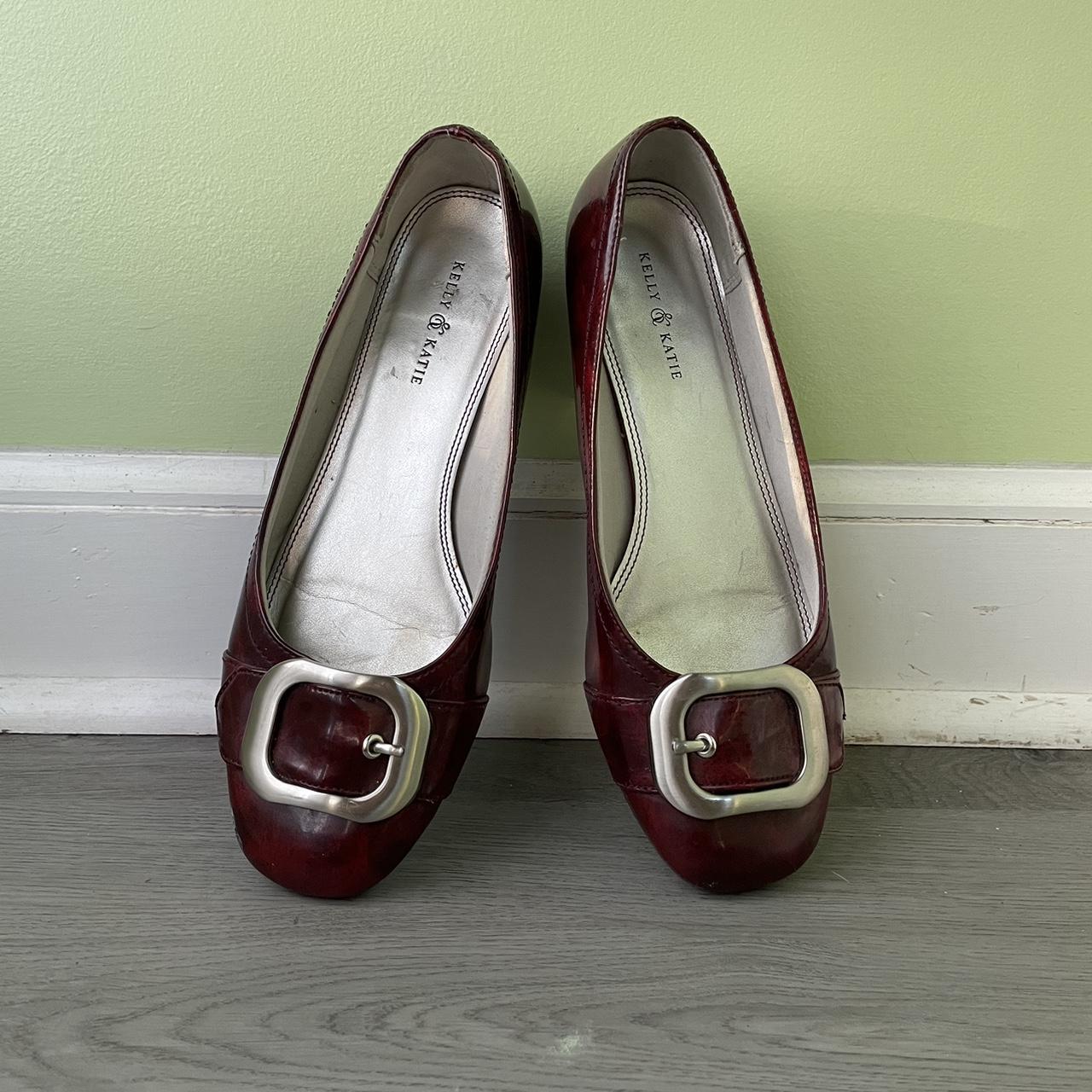 Red leather square toed ballet flats, with big... - Depop