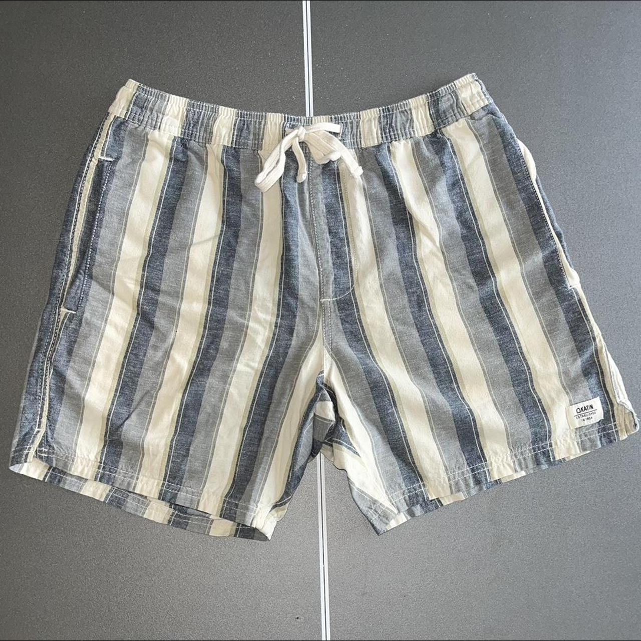 Katin Patio Retro Striped Cream Blue Linen Shorts... - Depop