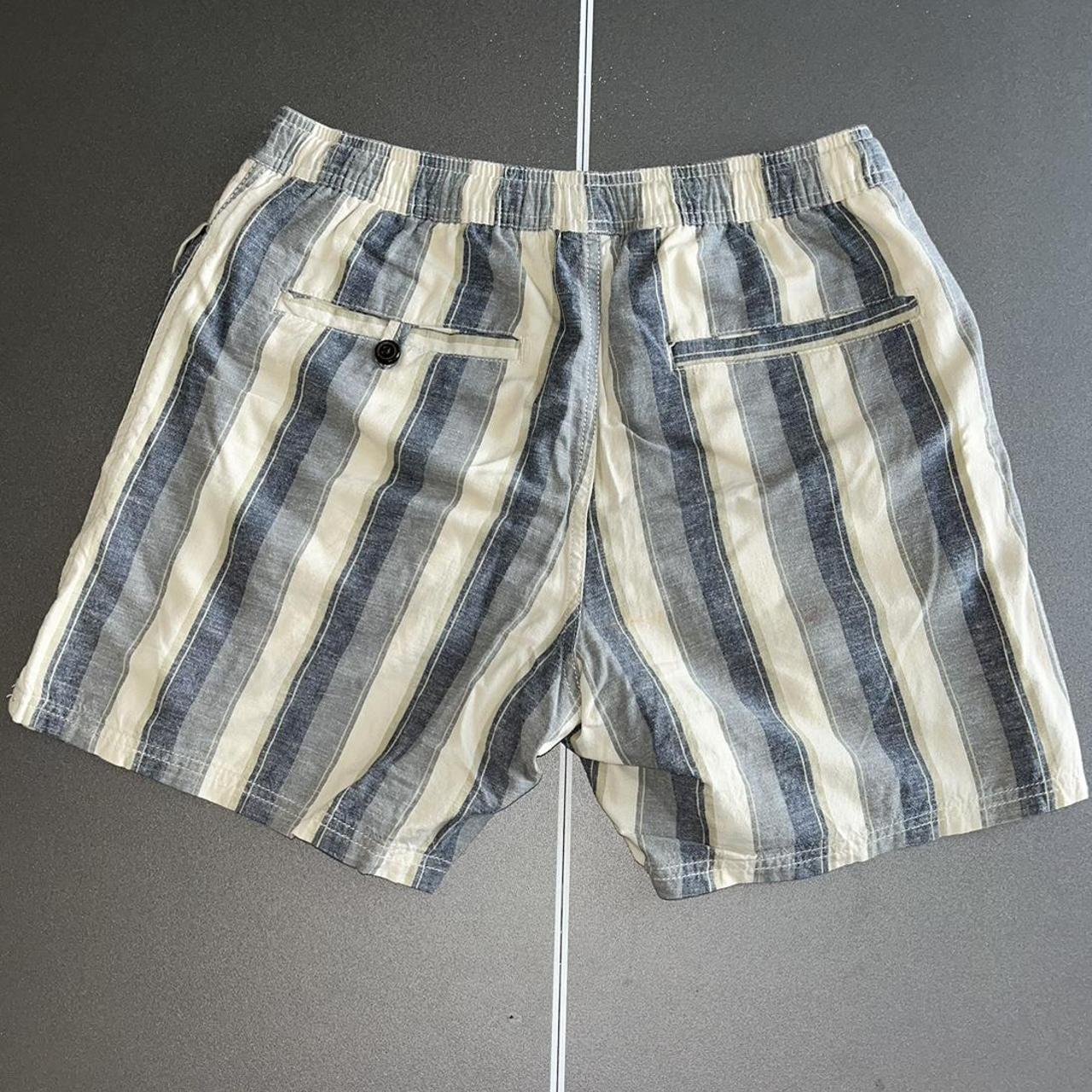 Katin Patio Retro Striped Cream Blue Linen Shorts... - Depop