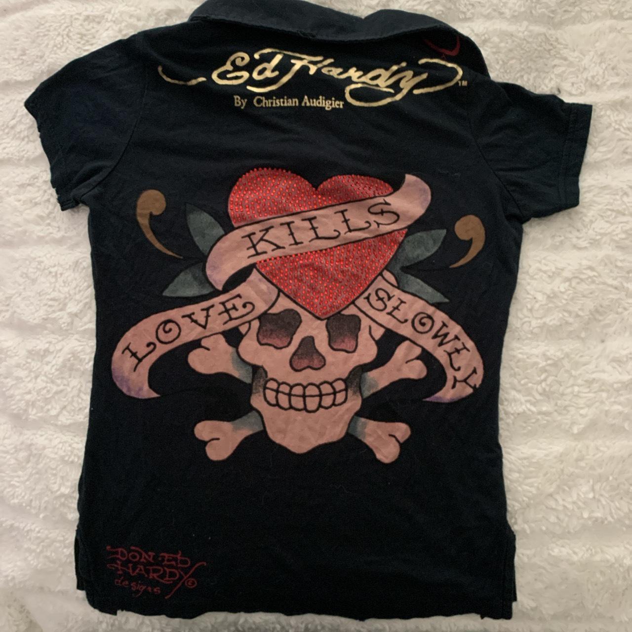 Ed Hardy 2000s collard shirt Size xs Small hole... - Depop