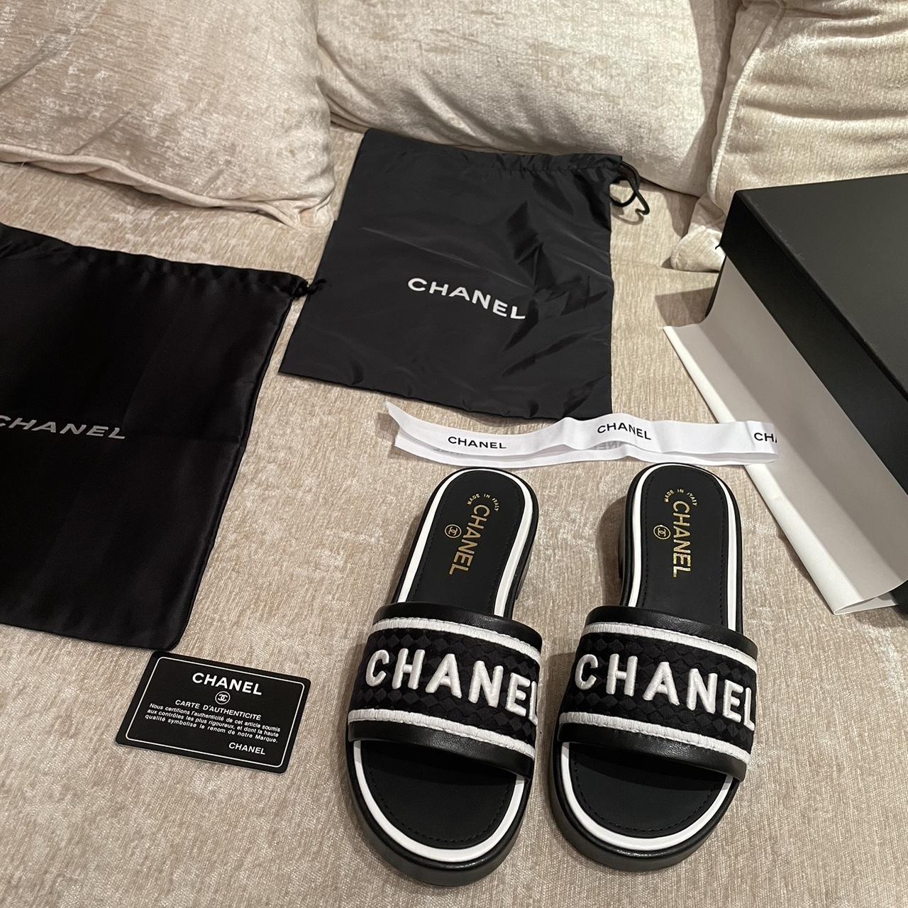 Chanel LAMBSKIN embroidered logo Sandals Size 38 -... - Depop