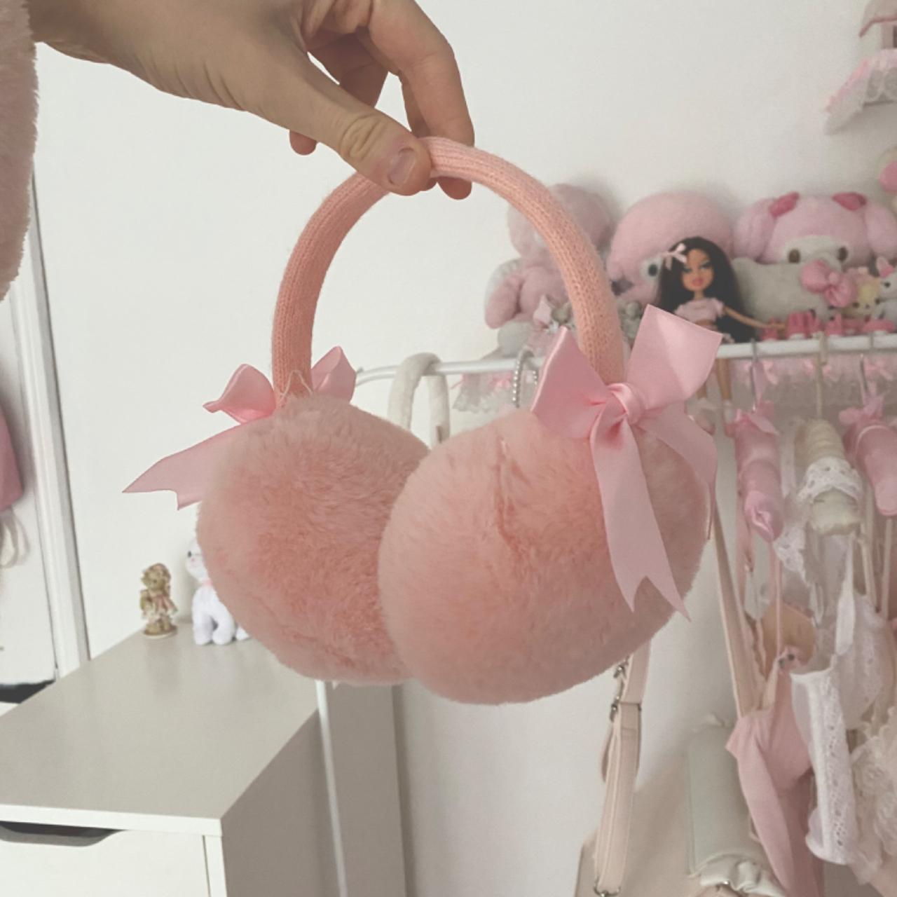 sweet pink bow urban outfitters fluffy earmuffs ౨ৎ... Depop