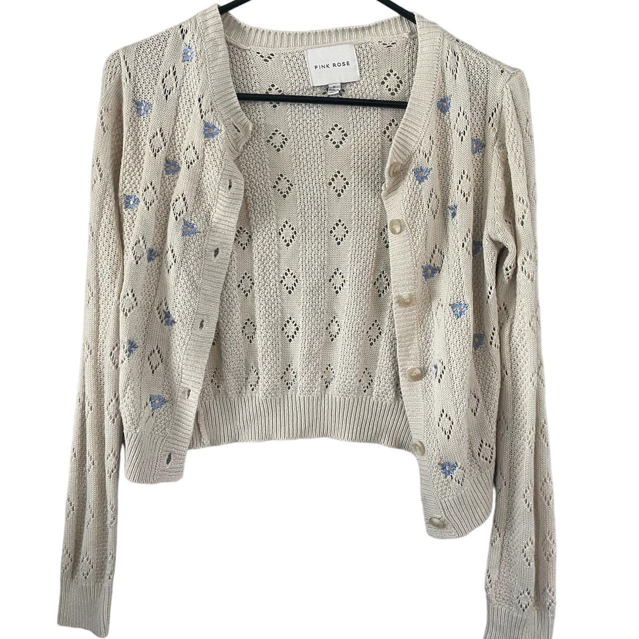 Beige pink rose knit cardigan with lavender... - Depop