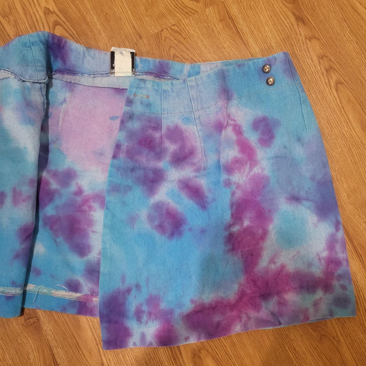Womens vintage 80s denim wrap skirt, tie dyed with... - Depop