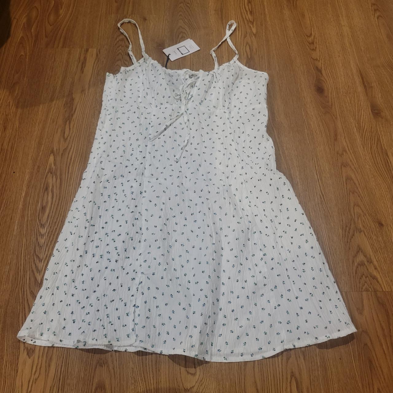 CIDER Tie top mini dress, white with blue and green... - Depop