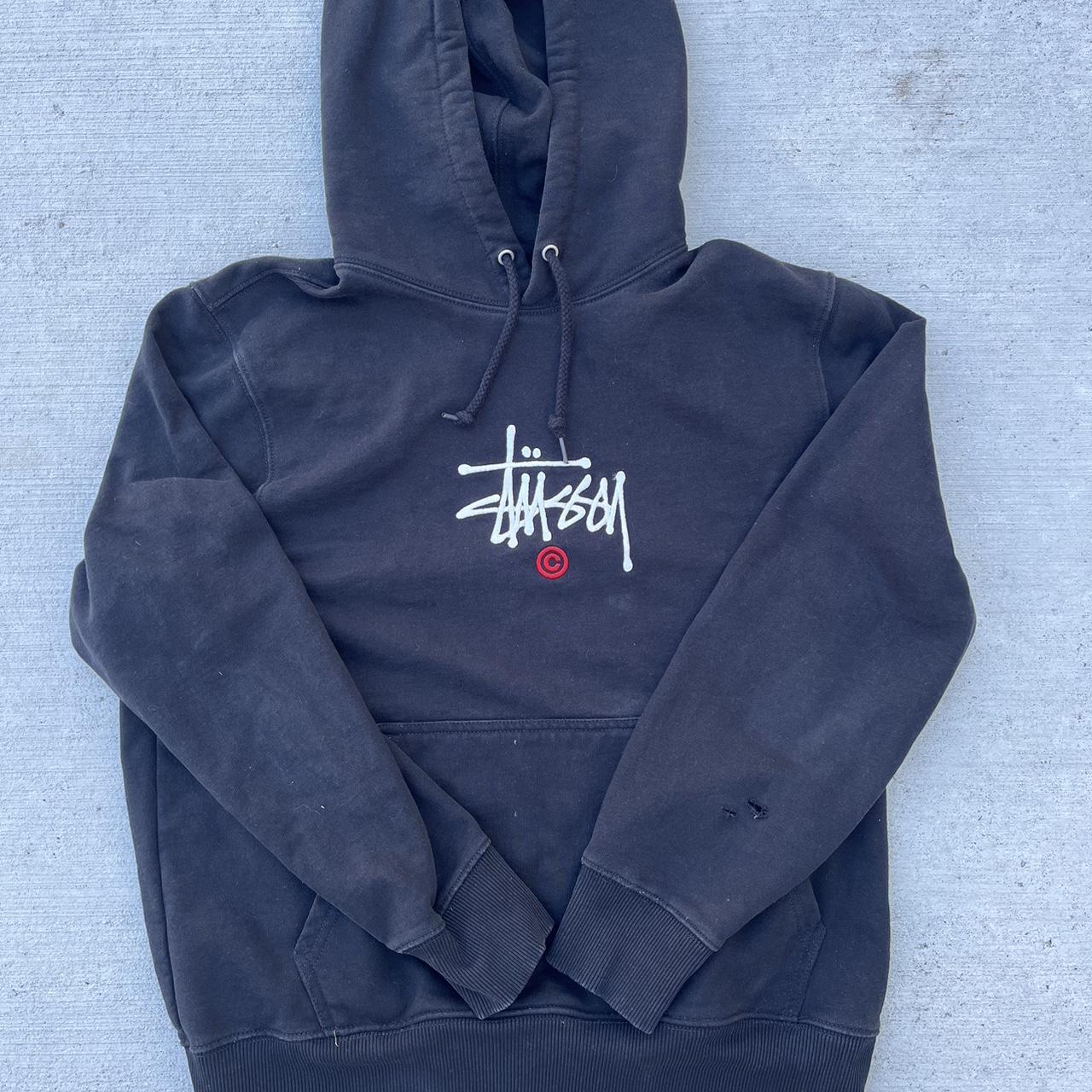 black stussy hoodie with white embroidered... - Depop