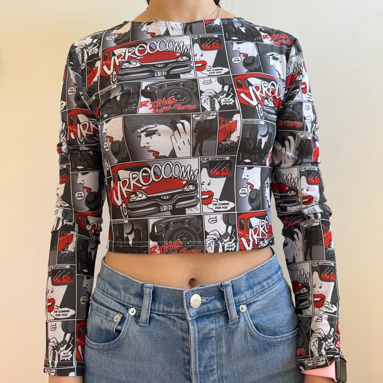 Twiin Retro Mesh Cropped Long Sleeve Retro Pop Art Depop