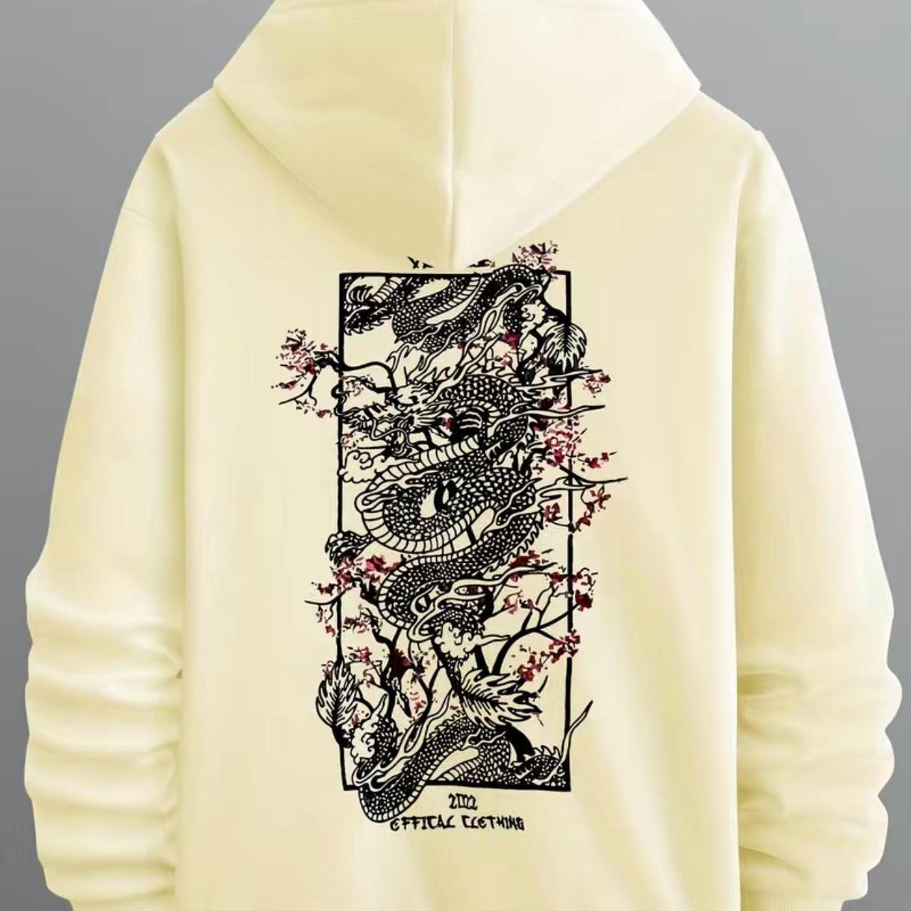 Dragon Print hoodie with Drawstring Pocket - Depop