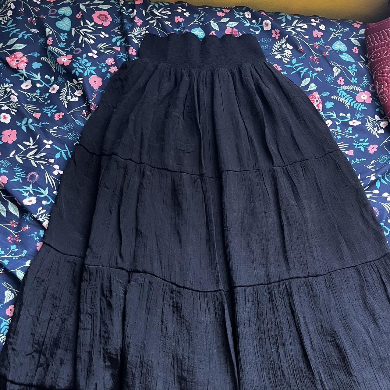 true vintage black tiered maxi skirt comfy stretchy... - Depop