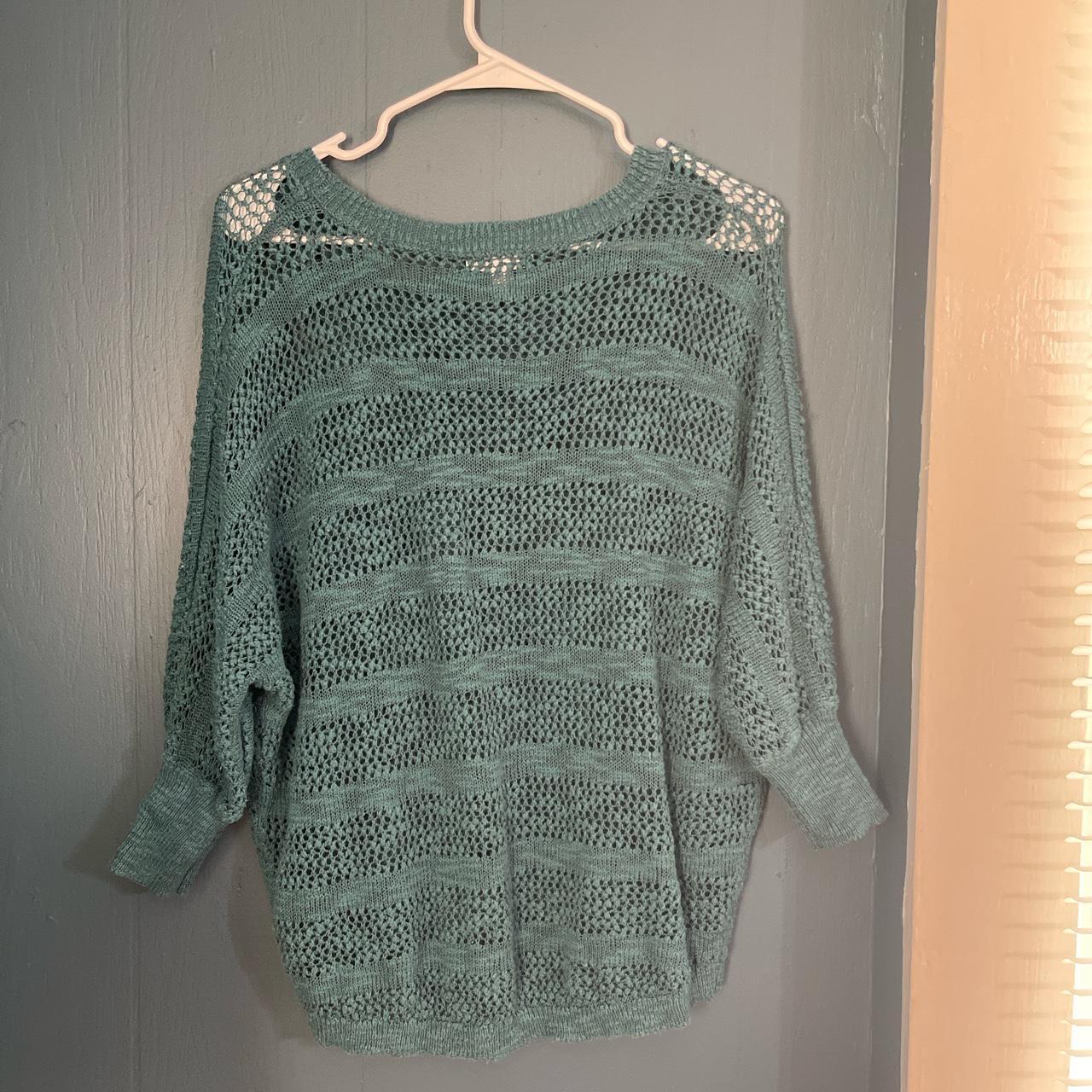 Anthropologie Womens Open Stitch Teal Sweater... - Depop