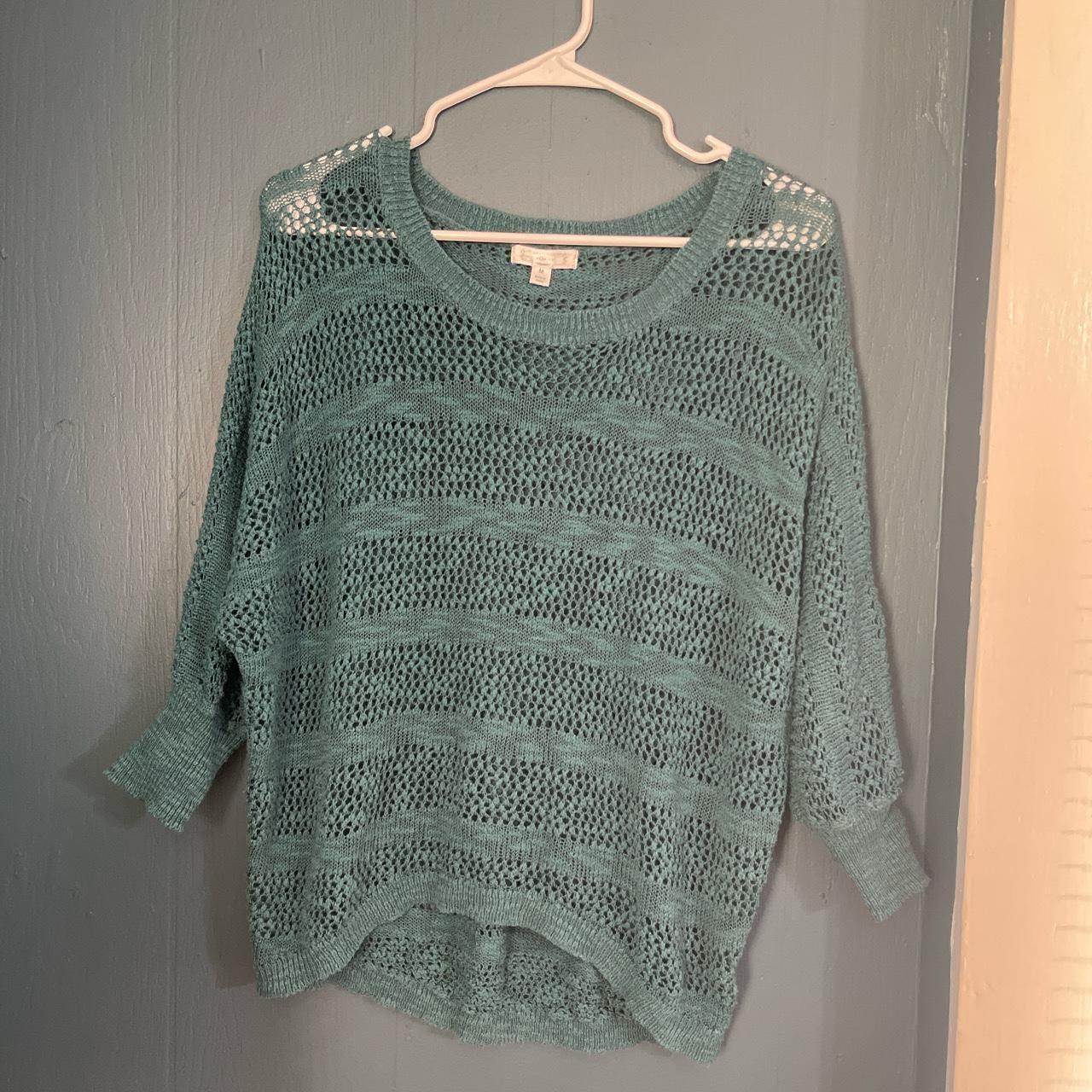 Anthropologie Womens Open Stitch Teal Sweater... - Depop