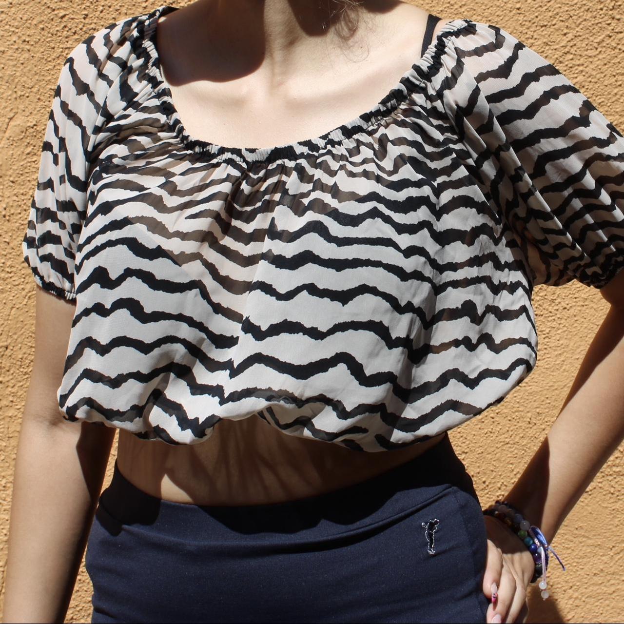 2000s off the shoulder sheer zebra print shirt can...