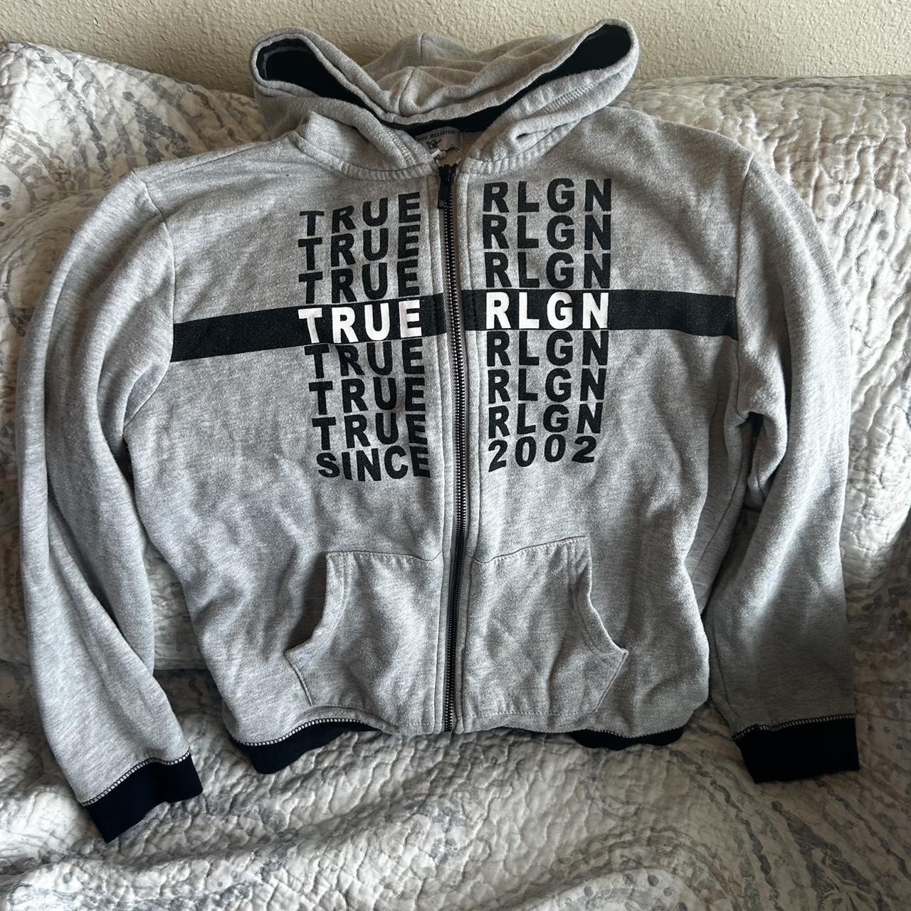 True religion grey and black hoodie boys medium - Depop