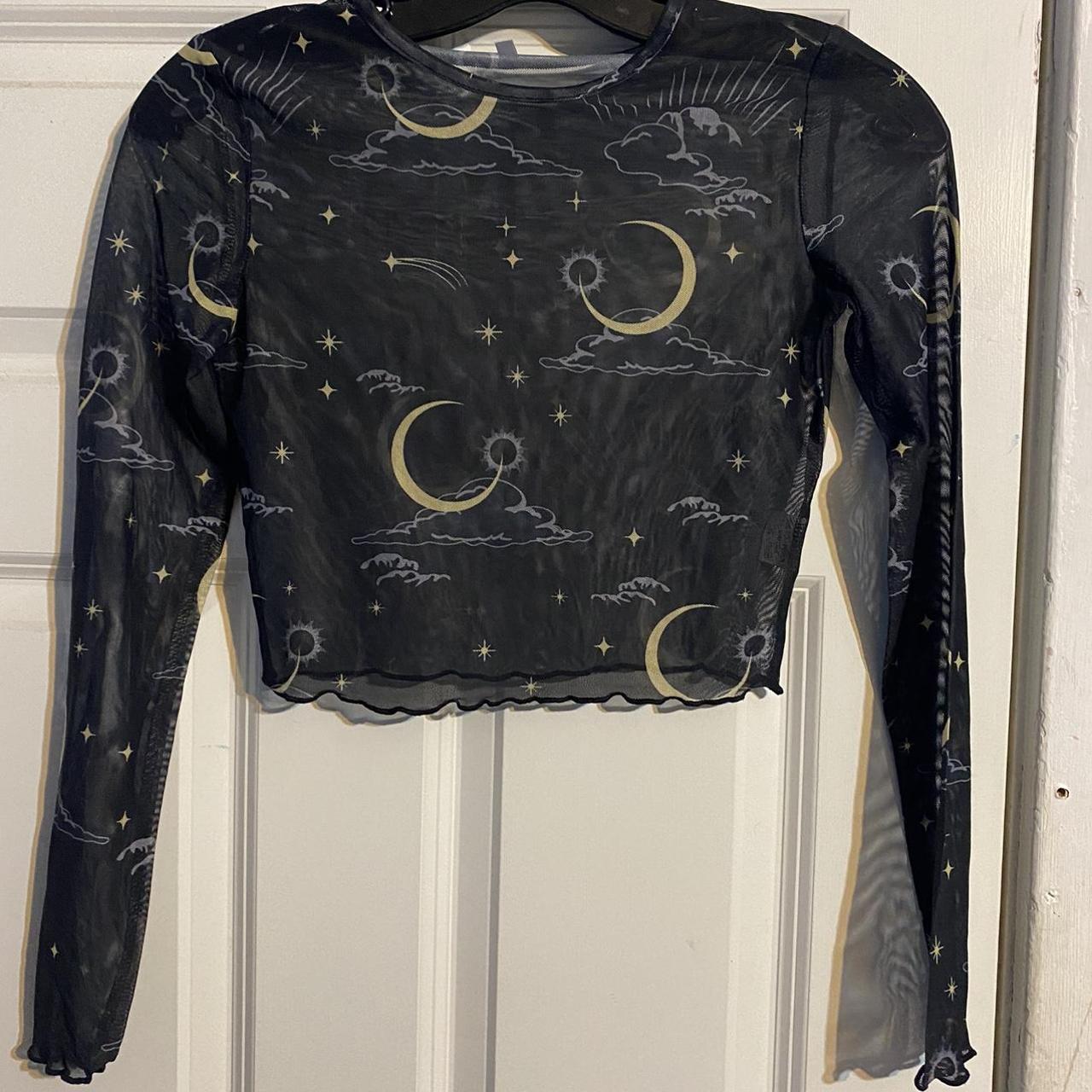 Black sheer long sleeves crescent moon top #sheer... - Depop