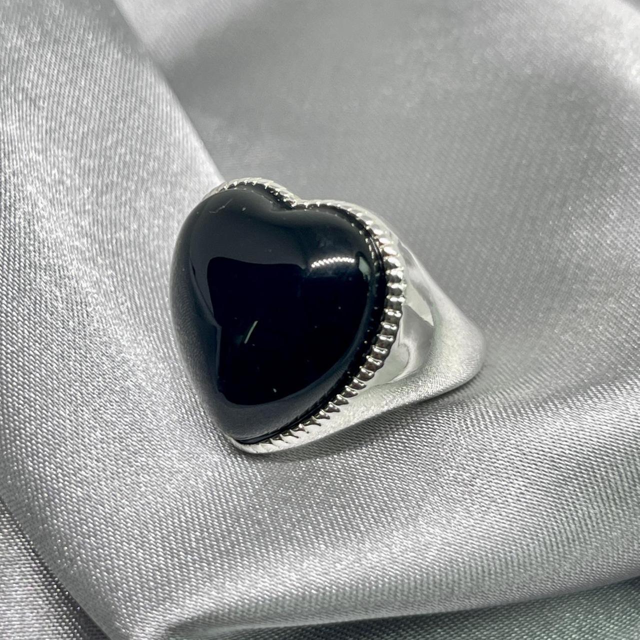 925 sterling silver black stone heart ring This is... - Depop