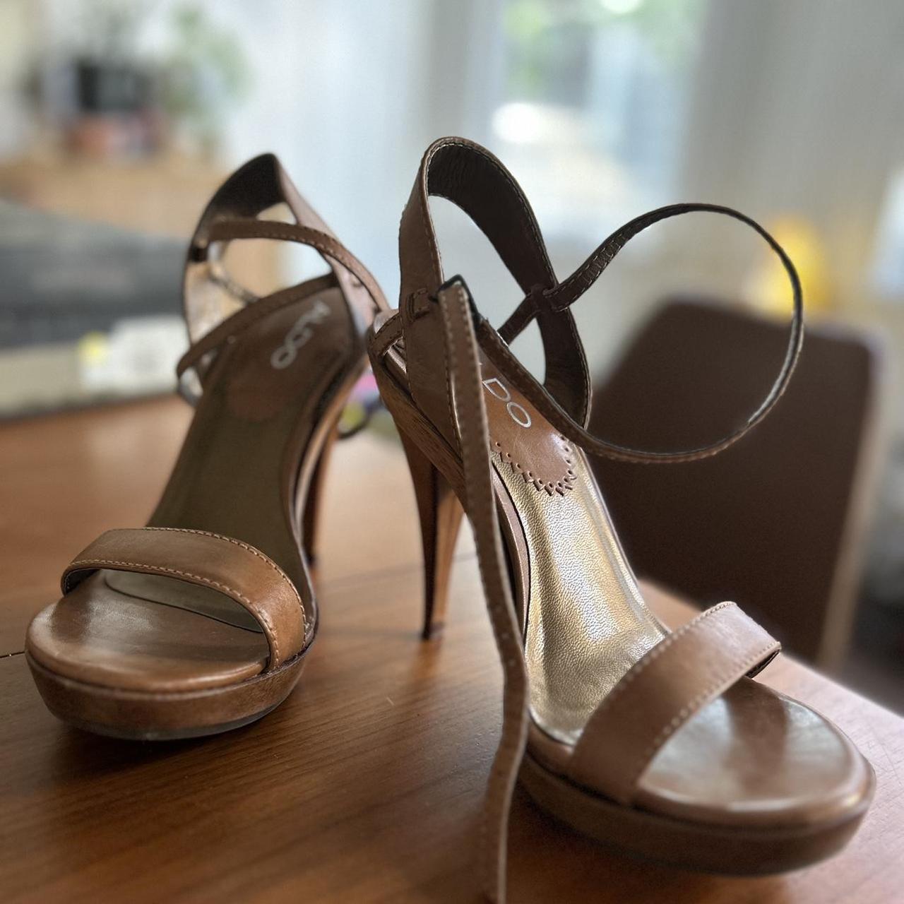 Size 36 wood and leather ALDO sandal heels Depop