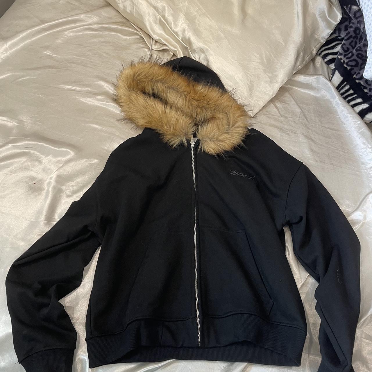 Black Fur hoodie - Depop