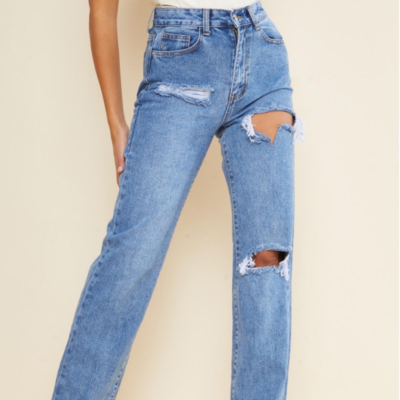 PRETTYLITTLETHING Tall Mid Blue Ripped Mom Jeans