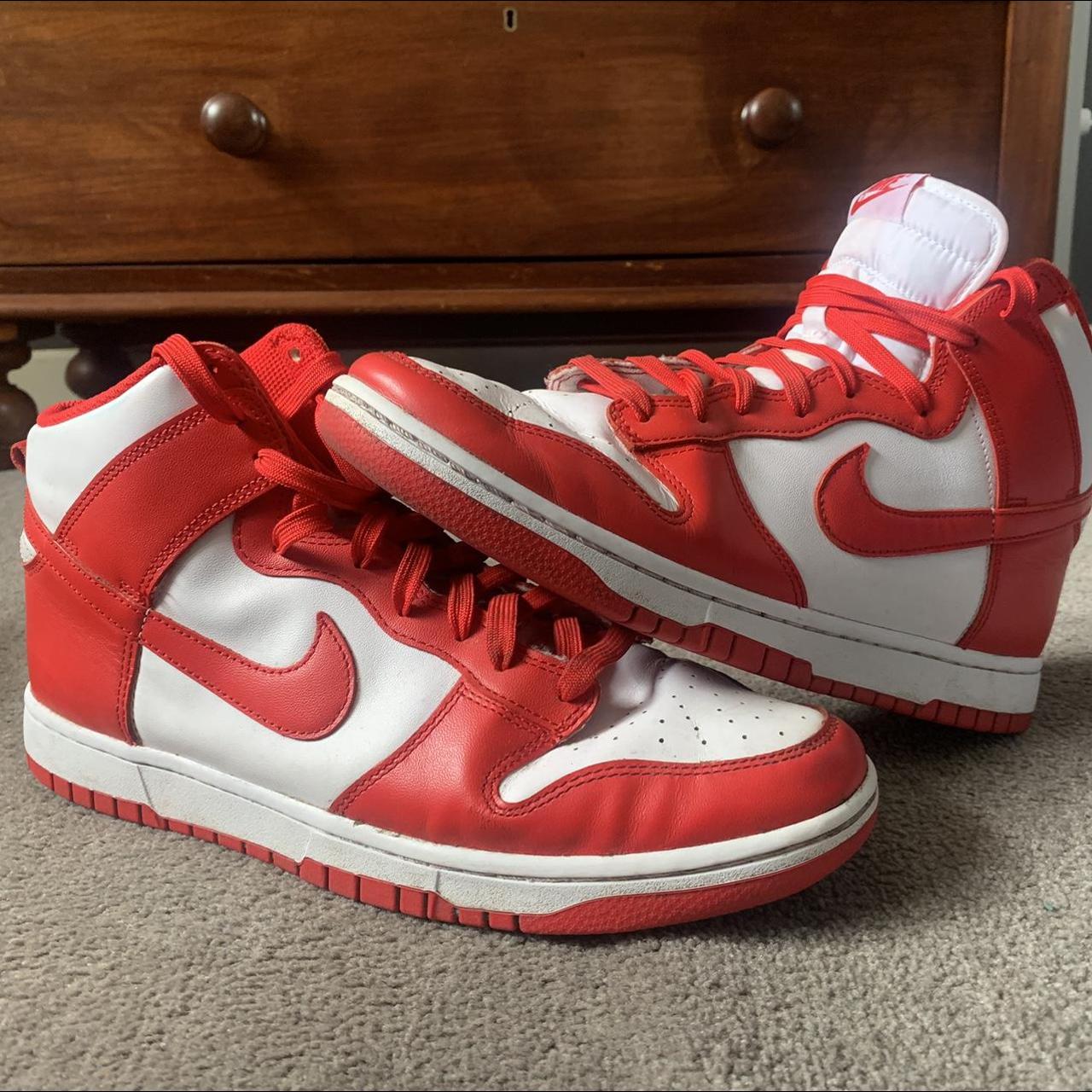 Nike Dunk Red and White high US 11.5 - Depop