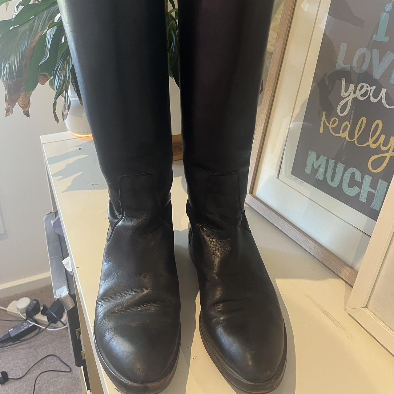 Hugo Boss knee high leather boots. Zip up the back.... - Depop