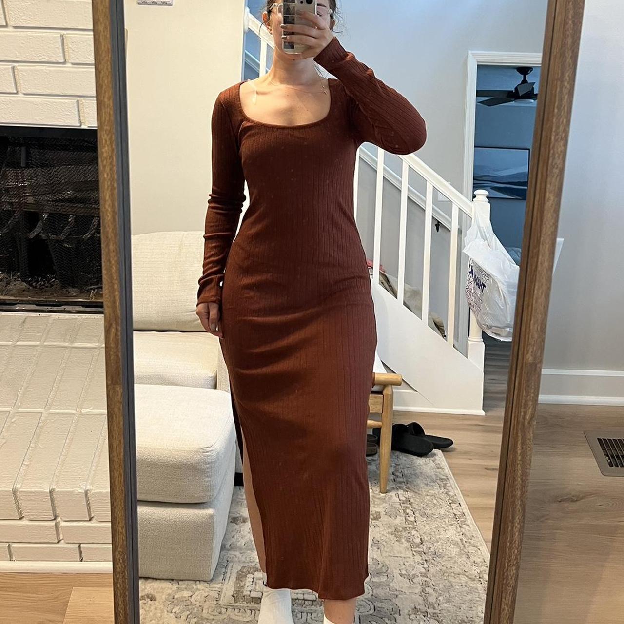 Brown long sleeve midi dress with slit new with tags. Depop