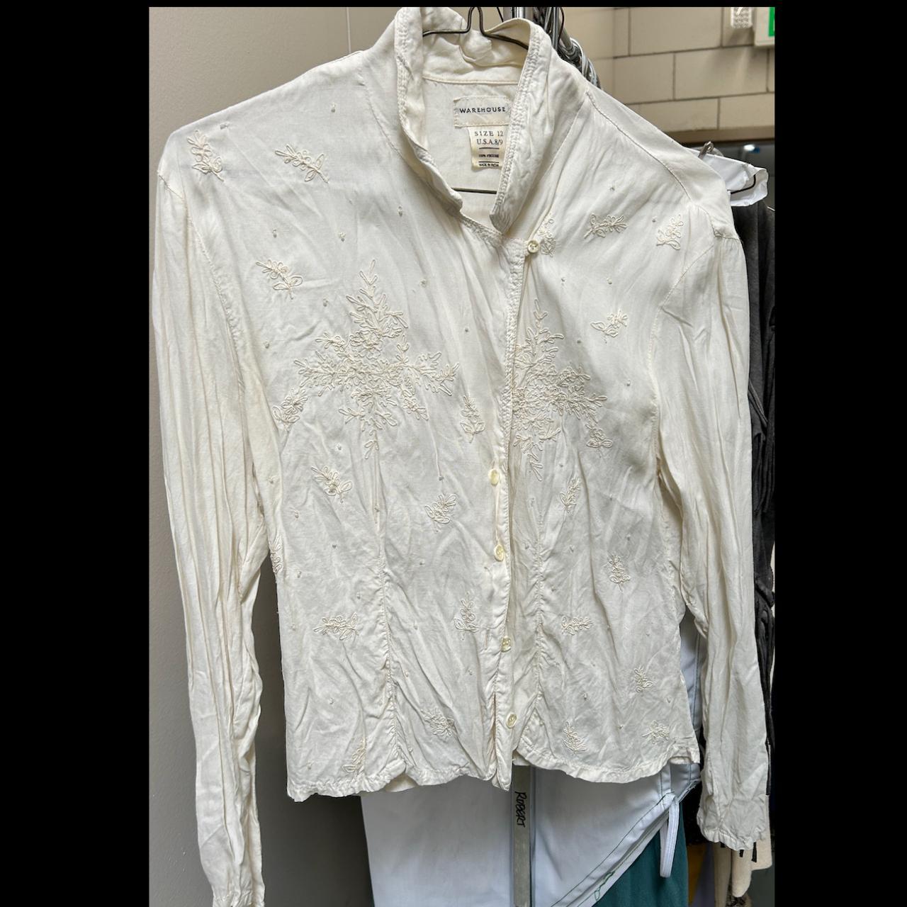 WHITE- Long Sleeve Floral Embroidery Button Down... - Depop