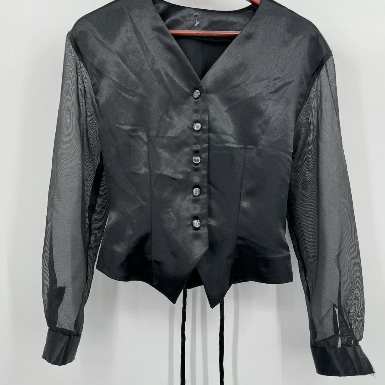 Sheer Sleeve Black Blouse - black satin button... - Depop