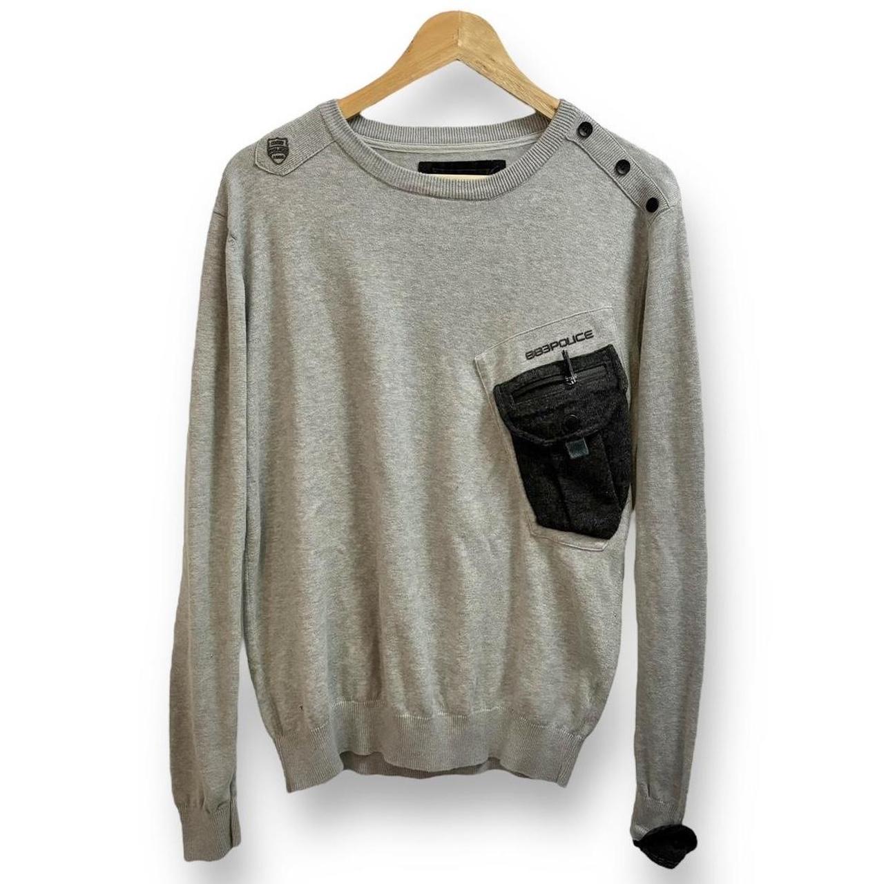 Police Grey Knitted Utility Cargo Jumper Size... | Depop