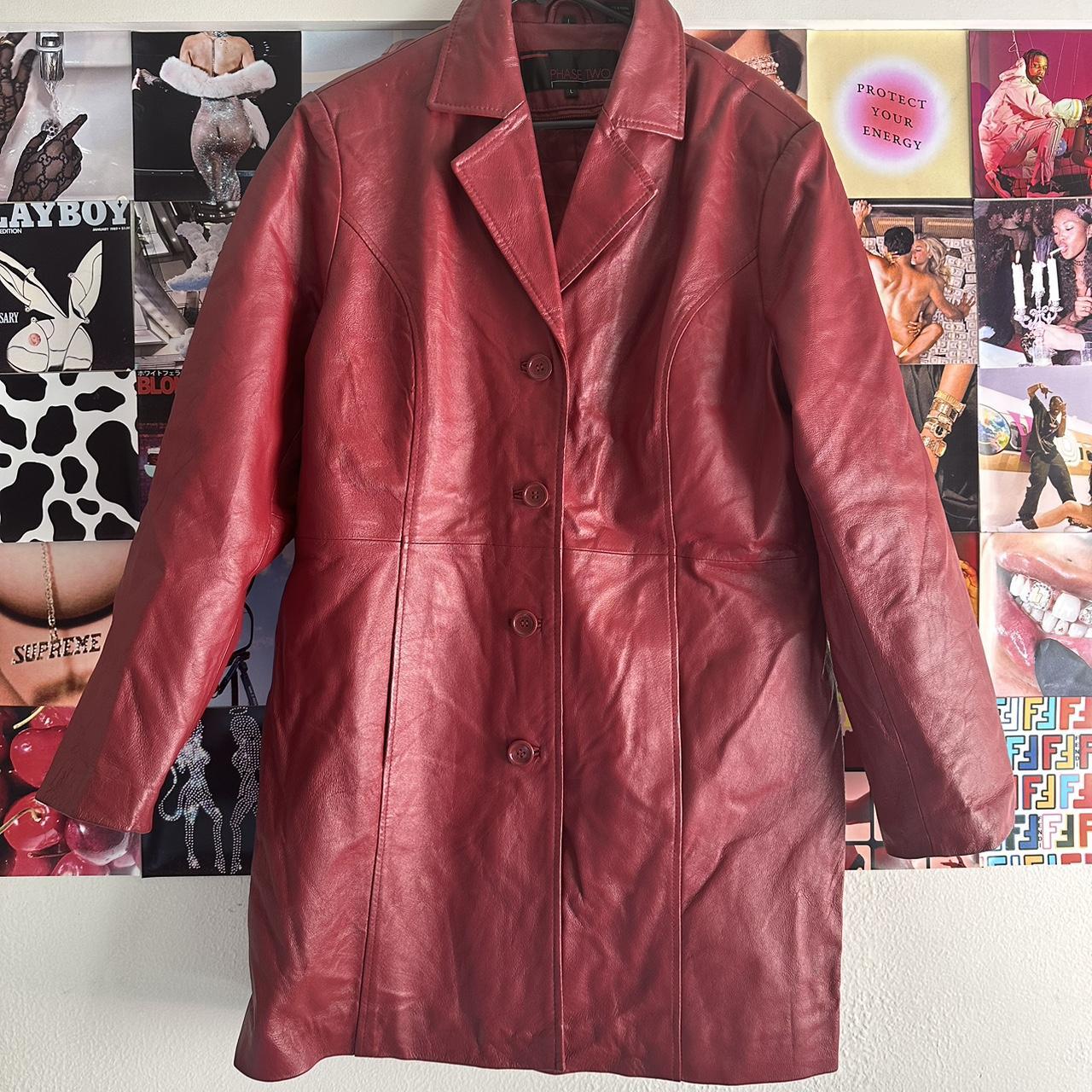 VINTAGE LONG LEATHER JACKET 🍒 red leather 🍒 length... - Depop