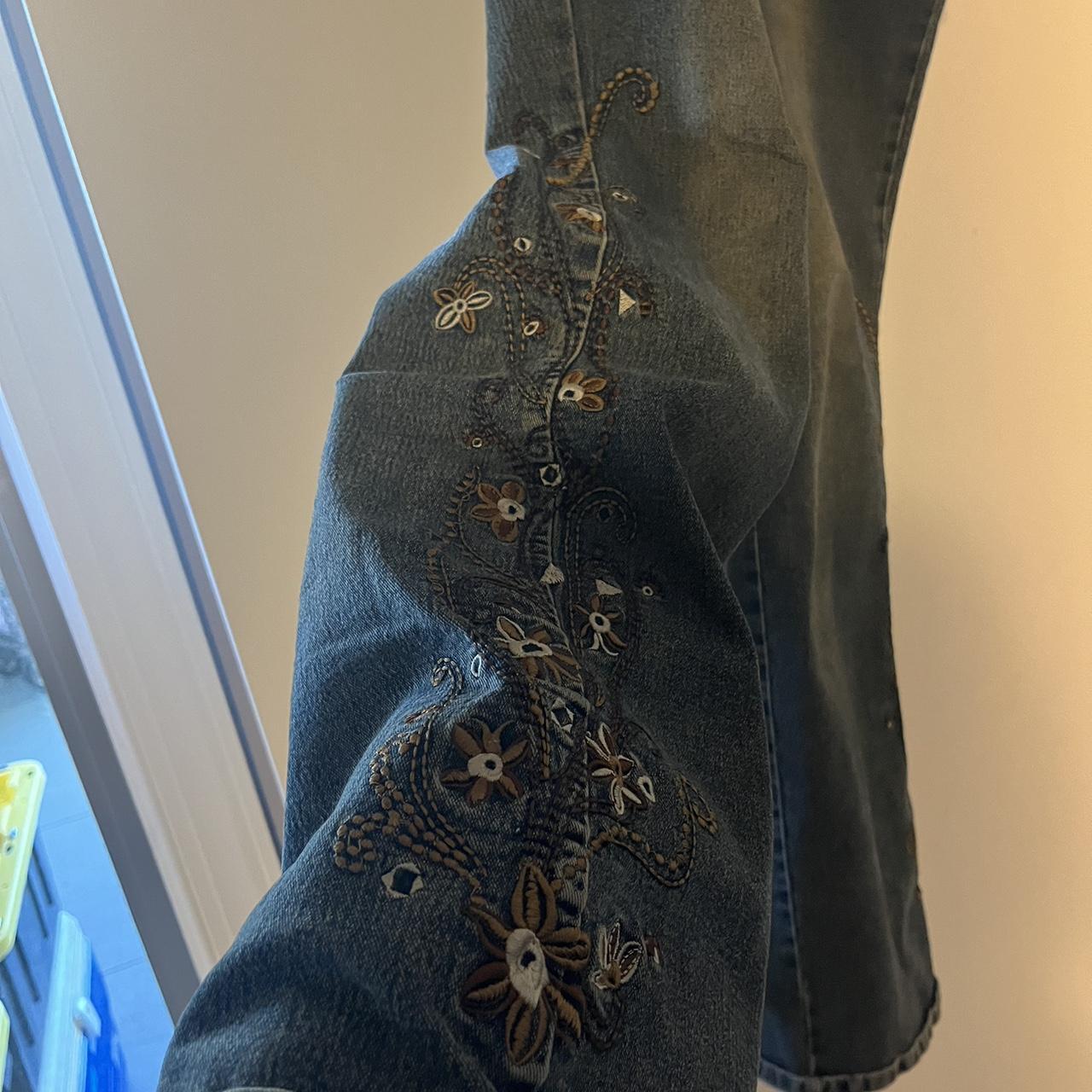 Hippie floral patterned flared jeans. Faded wash,... - Depop