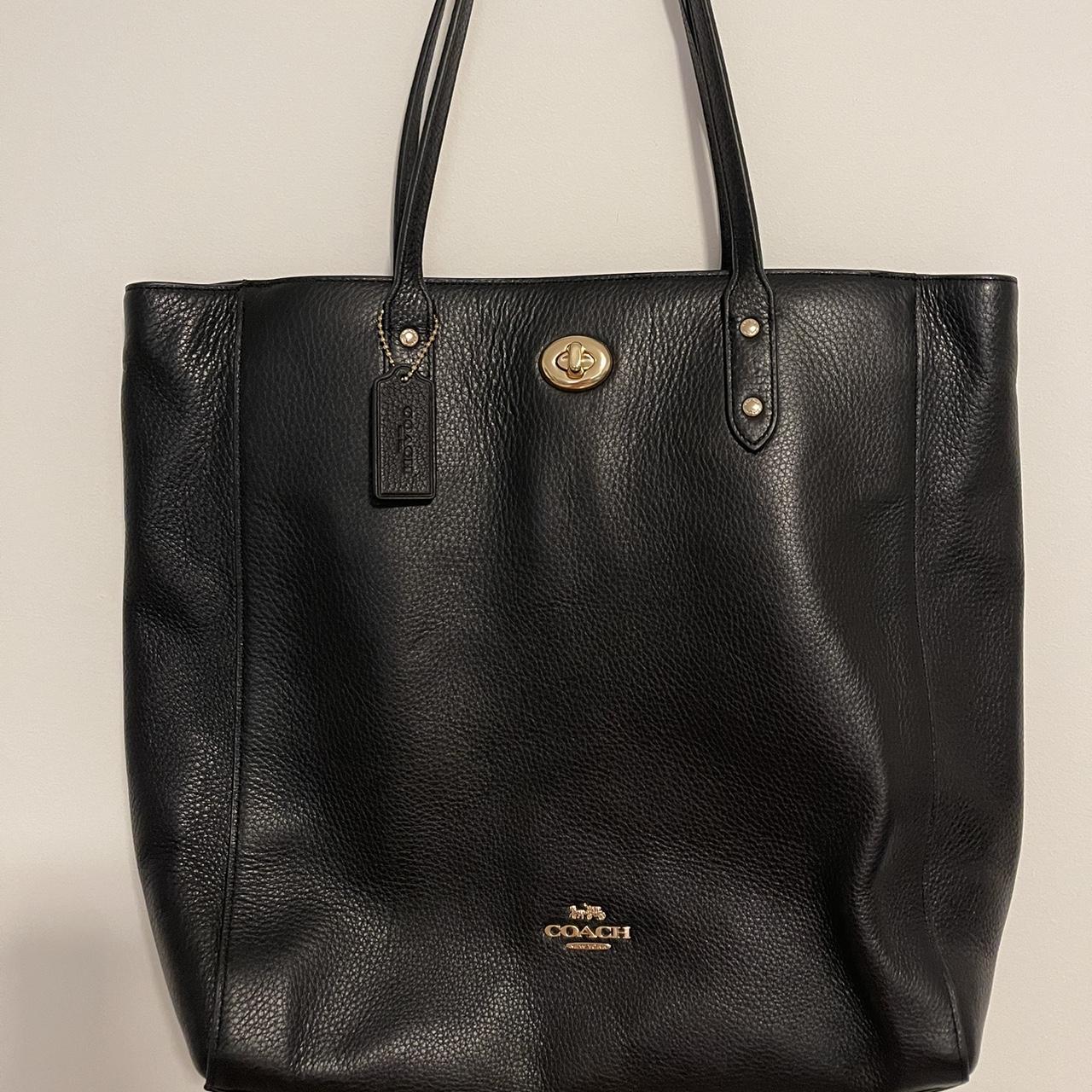 Coach black leather tote handbag with gold tone - Depop