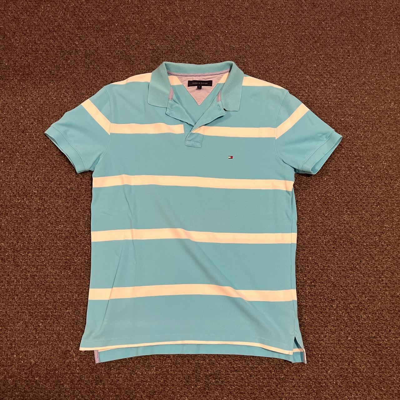 blue and white stripe polo shirt from Tommy Hilfiger - Depop