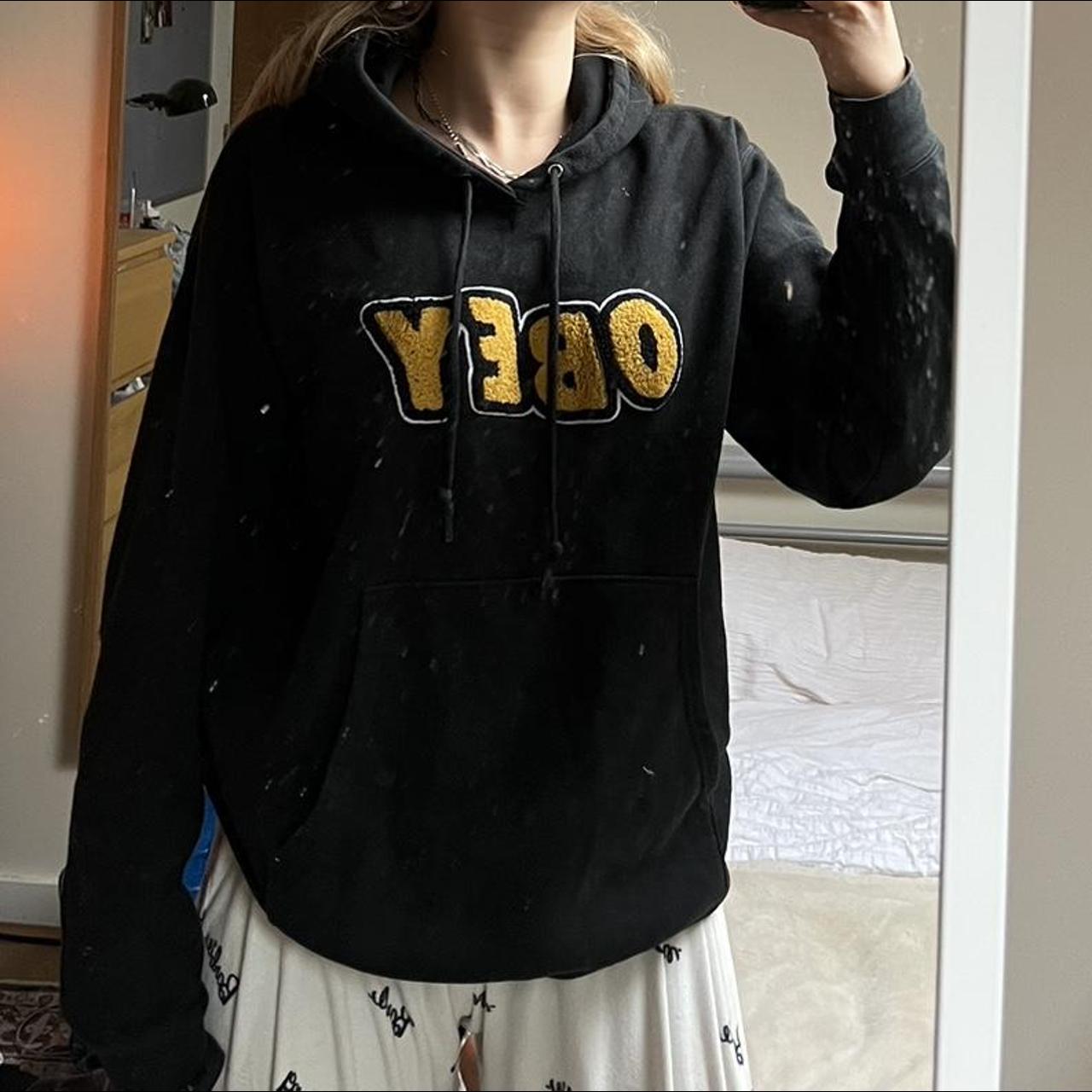 Obey Women's Yellow and Black Hoodie Depop