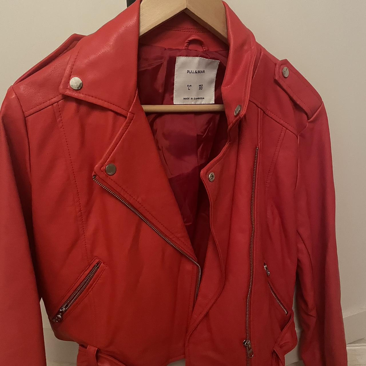 Pull and bear Red leather look cropped biker jacket. Depop