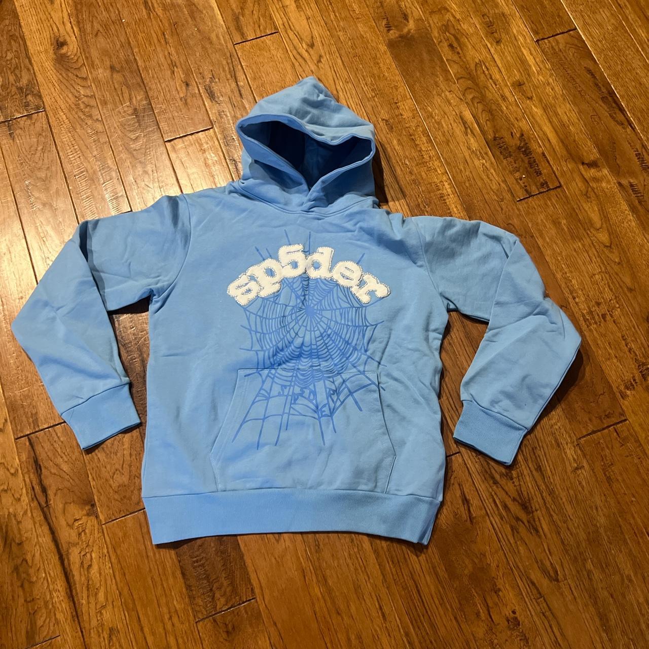 rep sp5der blue hoodie, great condition, never worn - Depop