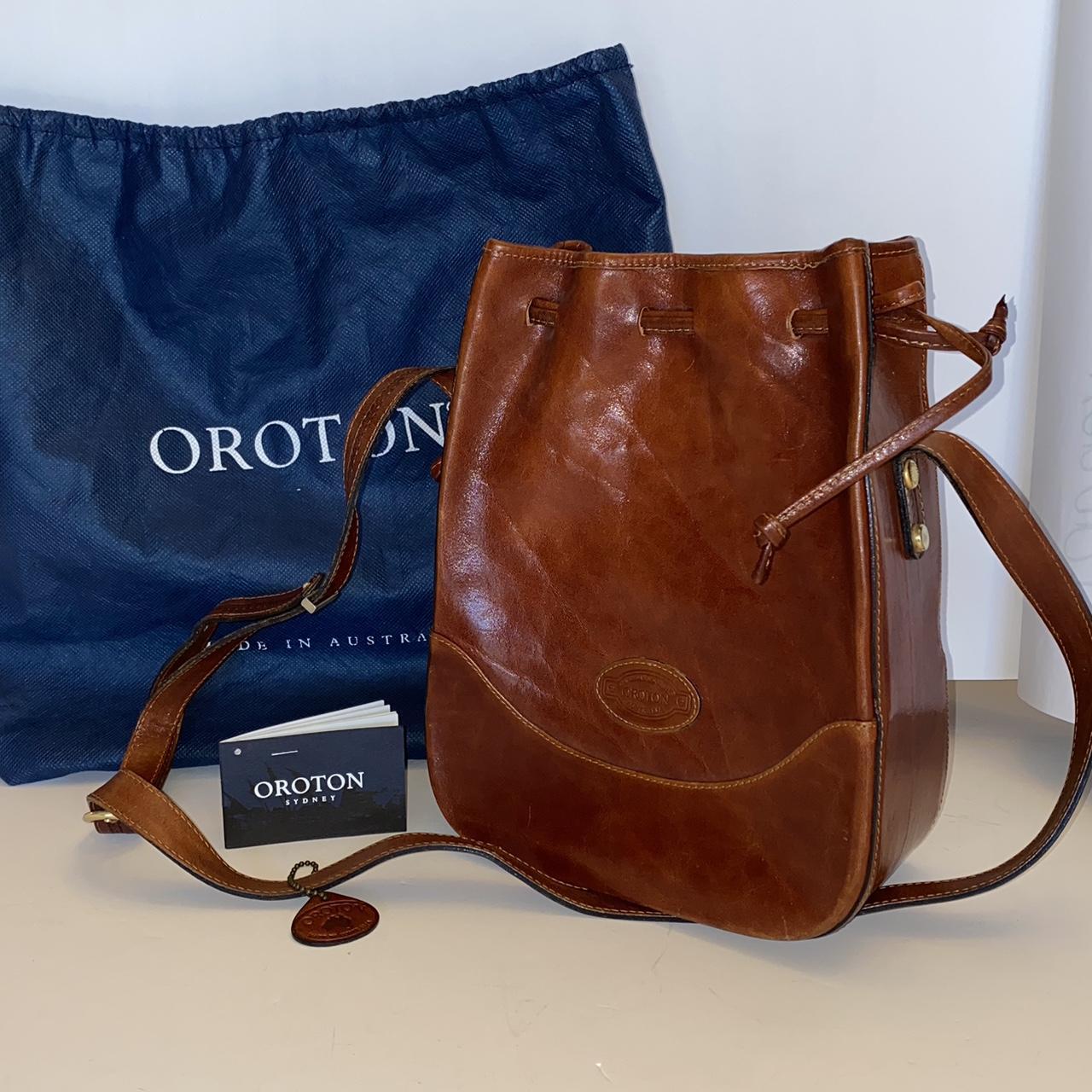 Oroton tan Leather Molded Drawstring luxury Depop