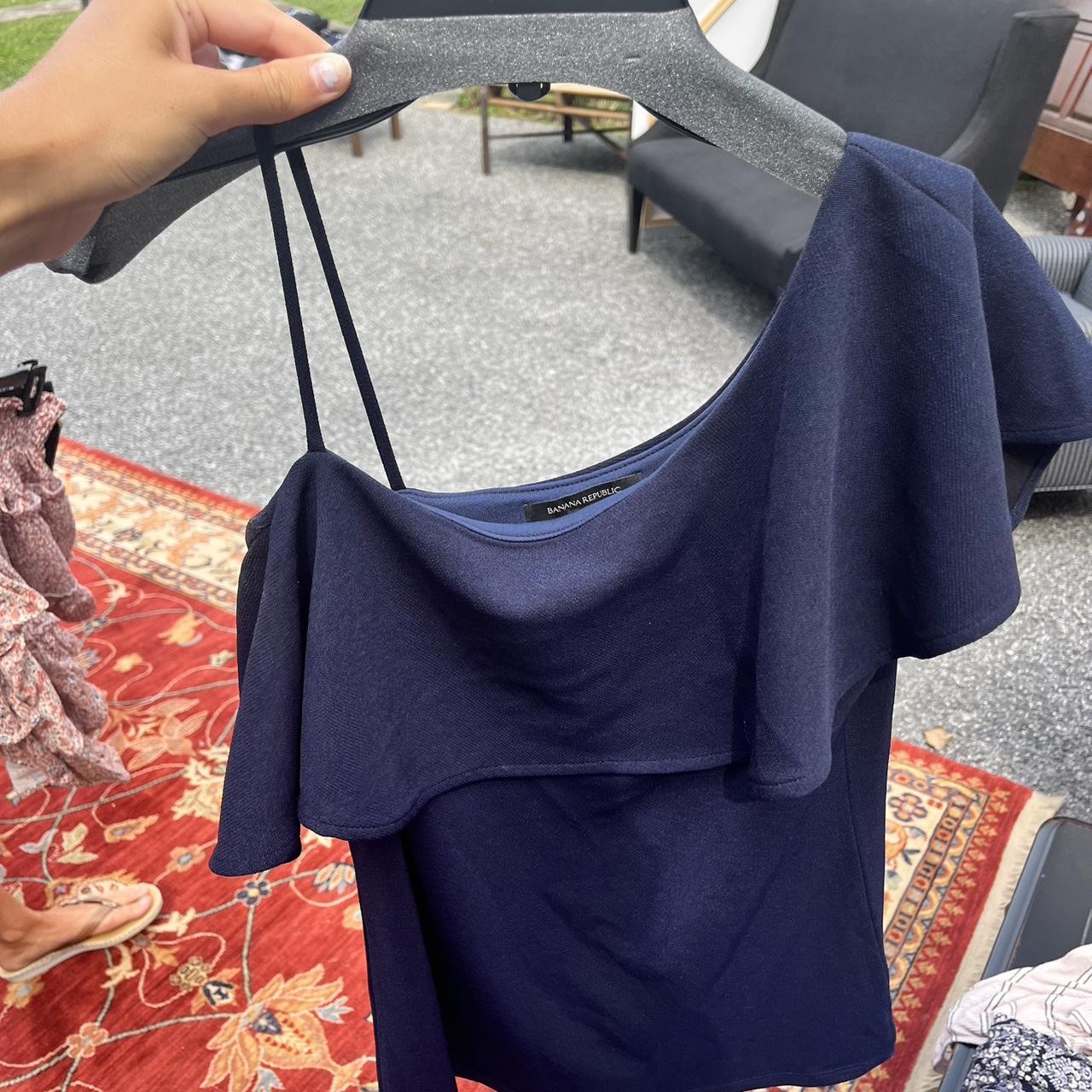 banana republic ruffled on one shoulder navy blue... - Depop