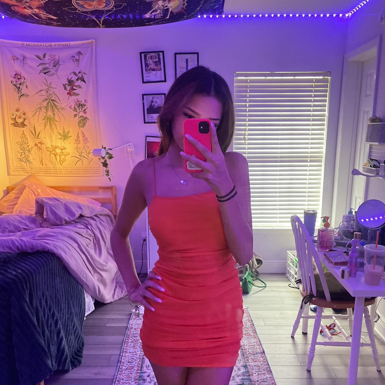 orange ruched hello molly sorority/party dress size... Depop