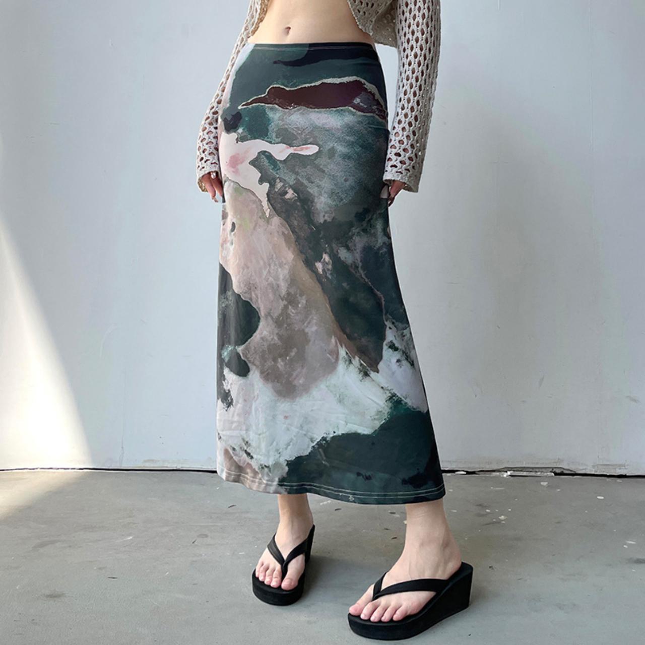 Y2K Long Skirt Chinese Style Elegant Tie Dye Print... Depop