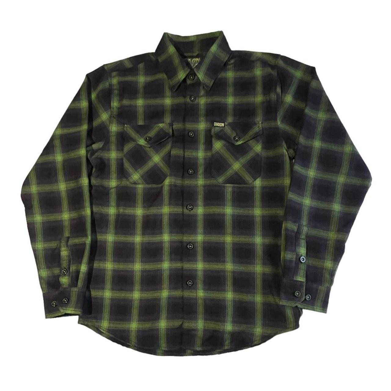 Dixxon Flannel “Slimer” button down shirt, green, factory and black.