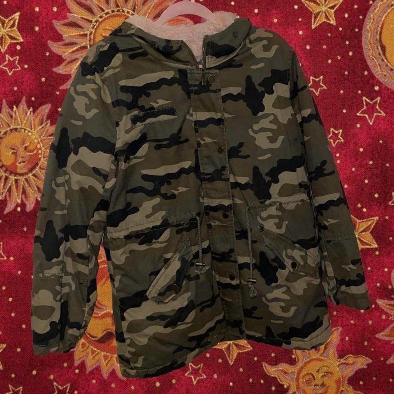 Army print pink faux fur lined hooded jacket! Show... - Depop