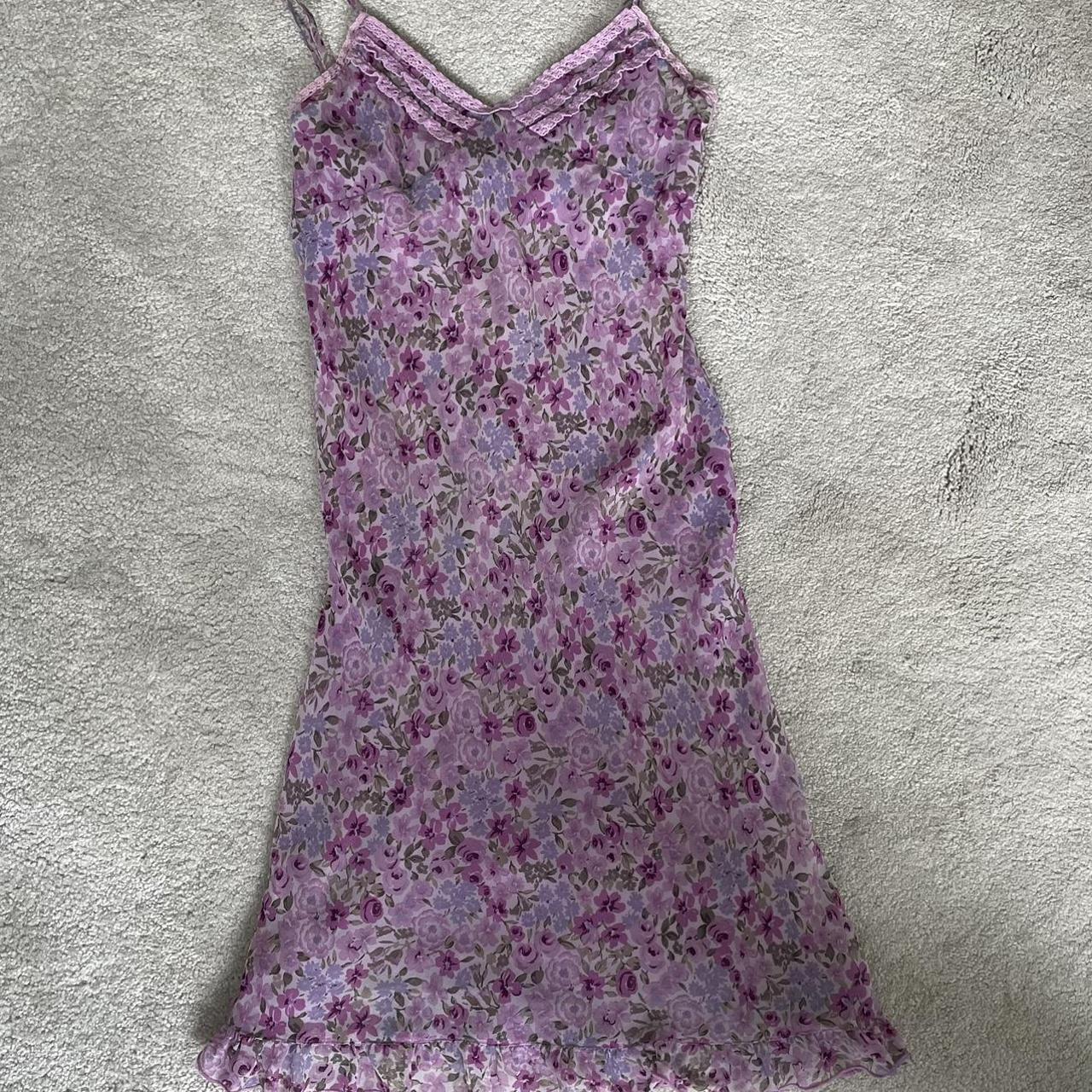Vintage purple floral mini ruffle dress. Stretchy... - Depop