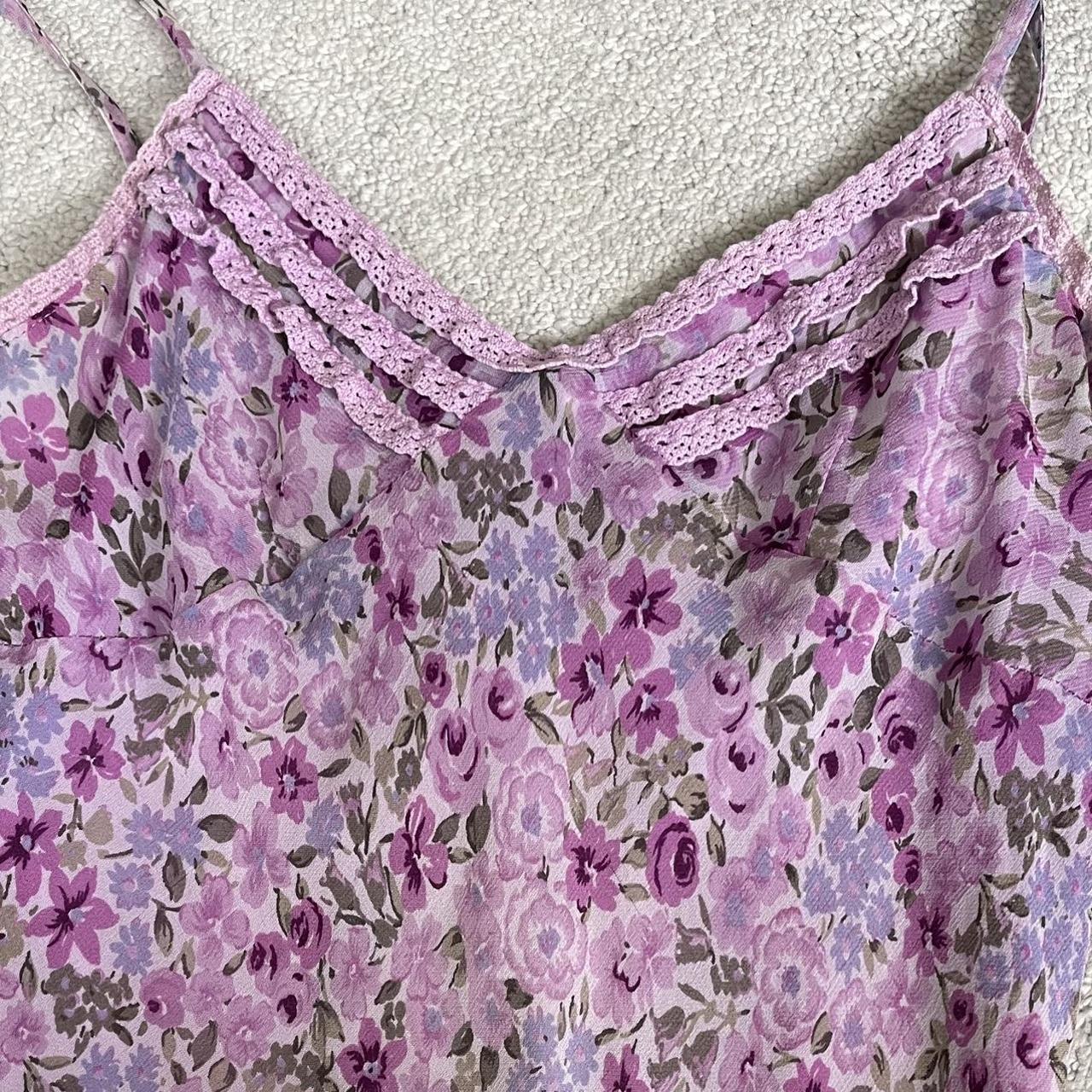 Vintage purple floral mini ruffle dress. Stretchy... - Depop