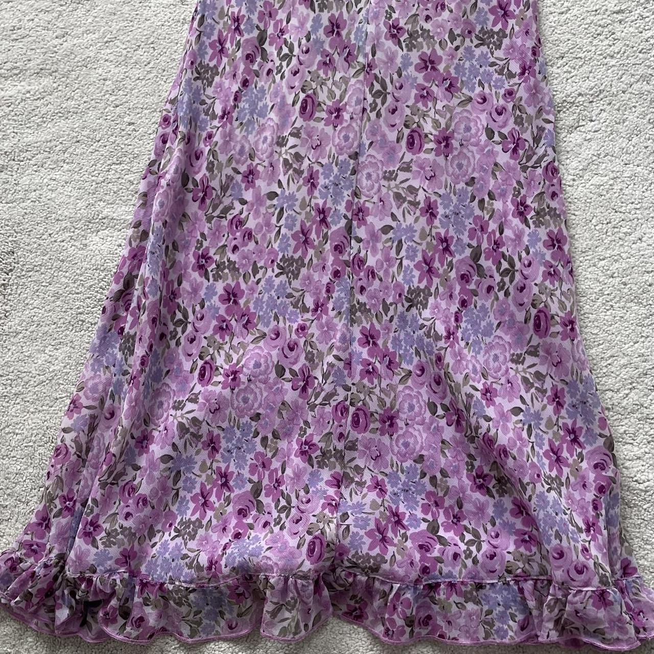 Vintage purple floral mini ruffle dress. Stretchy... - Depop